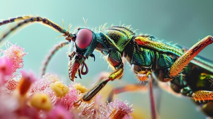  a close up of a green and red insect on some pink and yellow flowers with a blue sky in the background of the picture and a blue sky in the background. - obrazy, fototapety, plakaty