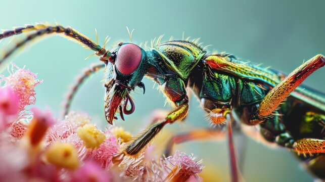  a close up of a green and red insect on some pink and yellow flowers with a blue sky in the background of the picture and a blue sky in the background.