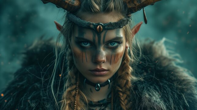 Elf shaman woman. fantasy background and fantasy ambient. mix of elf and viking breed animal clothes and horns in head, face shot