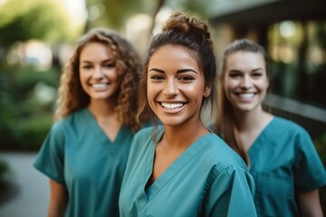 Three happy female nurses in scrubs