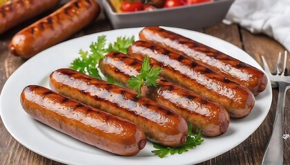 Grilled sausages on white plate