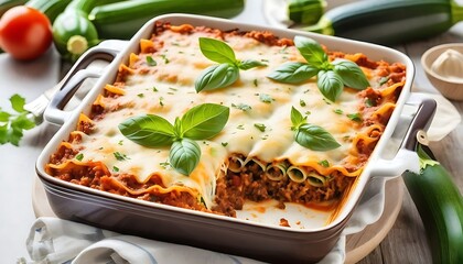 Healthy Courgette Lasagna Bolognese. Baking dish dinner with cheese. Delicious Vegetarian Food Option