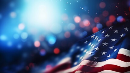 United States Flag Border Over Blue and Black Bokeh Lights Background With Copy Space For American Holidays - obrazy, fototapety, plakaty