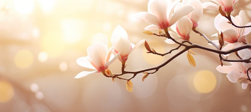White magnolia blossom on magical bokeh background with ample copy space for text placement