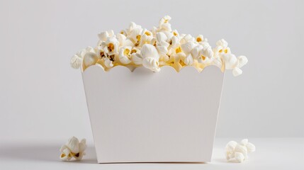 Box of popcorn as a mock-up. white box, in a studio, studio lights, crisp, plain white background, fresh popcorn