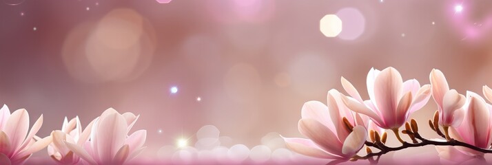 Pink magnolia blossom on isolated magical bokeh background with copy space for text placement