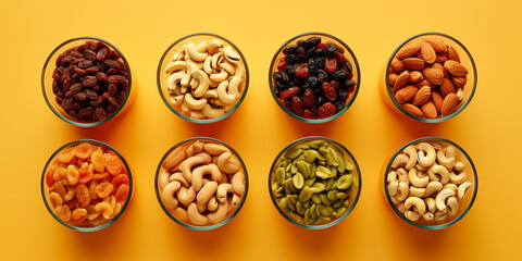 Top view of mixed nuts and dried fruits on a light yellow background. Glass bowls with peanuts, cashews, hazelnuts, almonds, pumpkin seeds, raisins, dried apricots. Healthy nutrition concept