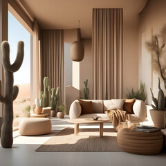 Modern beige living room interior in desert or cave style