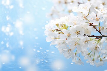 White cherry blossom on isolated magical bokeh background with copy space for text placement