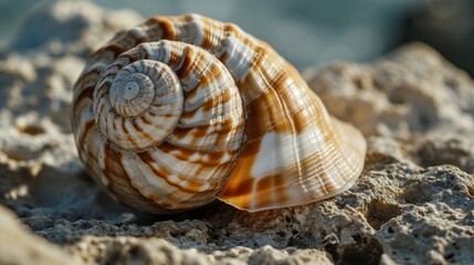  a close up of a sea shell on a rocky surface with a body of water in the distance in the distance in the background is a rocky outcropped outcropping.