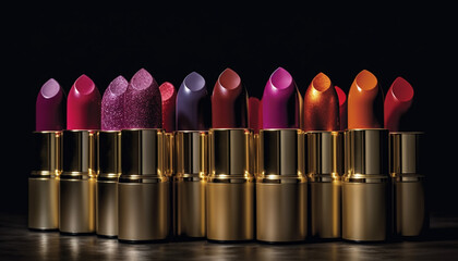 Shiny, vibrant lipstick collection in a row, making elegance generated by AI - obrazy, fototapety, plakaty