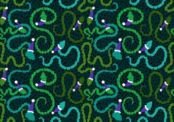 Christmas cartoon animals seamless snake and Santa hat pattern for new year wrapping paper and fabrics