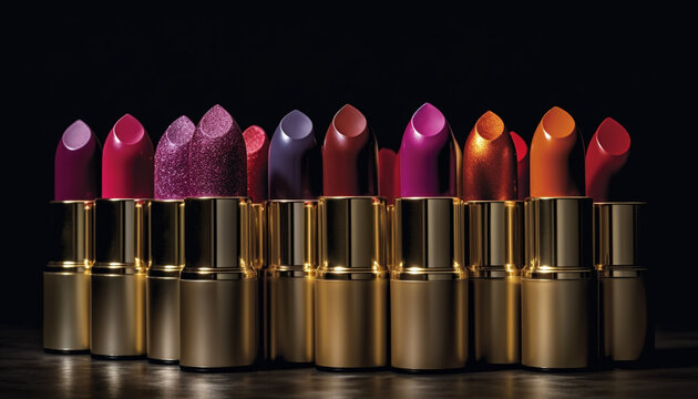 Shiny, vibrant lipstick collection in a row, making elegance generated by AI