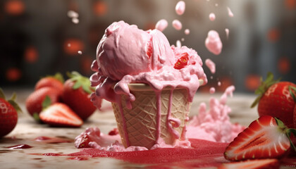 Freshness of summer, indulge in homemade strawberry ice cream generated by AI