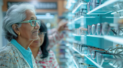 Senior woman choosing glasses at optician store, healthcare and vision concept