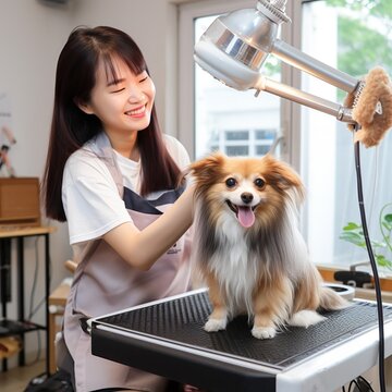 Step into a well-equipped pet grooming studio, where a professional groomer meticulously blow-dries a dog's fur after a refreshing wash.
