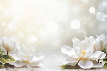 Naklejka na ściany i meble Elegant white magnolia blossom on isolated magical bokeh background with ample copy space