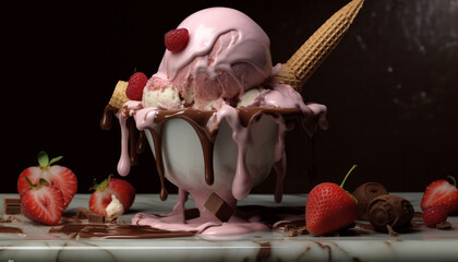 Indulgent gourmet dessert chocolate ice cream with fresh strawberry generated by AI