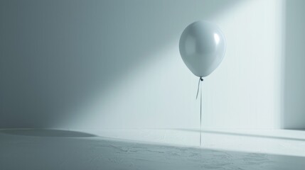  a white balloon floating in the air with a long string sticking out of it's side, in a white room with a light from the window on the wall. - obrazy, fototapety, plakaty