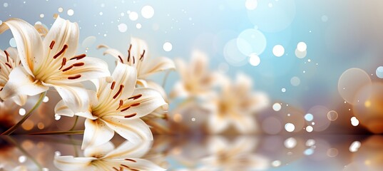 Elegant white lily blossom on isolated magical bokeh background with copy space for text placement