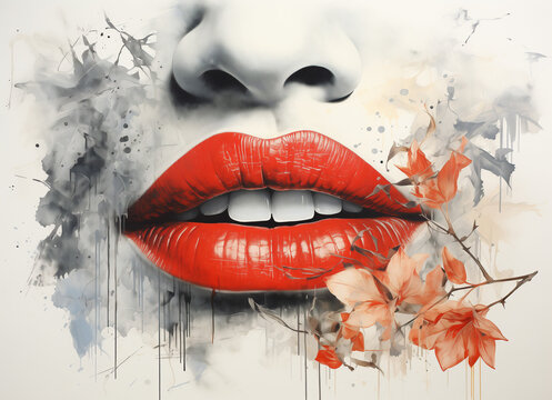 Art Portrait of beautiful female lips with red lipstick and colorful paint splashes. Lips with red lipstick, close-up. Abstract art background. Modern art. Contemporary art. 