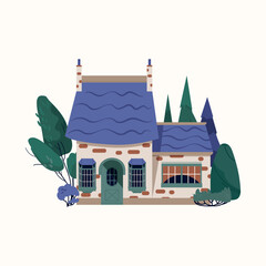 House facade white cottage with tree and bush. Front view of the building. Isolated flat cartoon vector illustration, white country house with garden. Private residential architecture