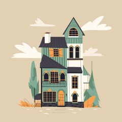 Old mansion apartment facade. Cute rowhouse architecture. Vector flat style cartoon illustration