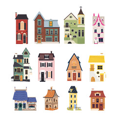Cute town house apartment vector set. City Mansion architecture building illustration isolated on white background