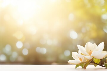 White magnolia on right with magical bokeh background, two thirds copy space for text on left side
