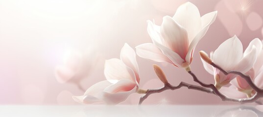White magnolia blossom on isolated magical bokeh background, with copy space for text placement