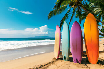 Vibrantly colored surfboards standing in the tropical beach sand with the ocean in the background.