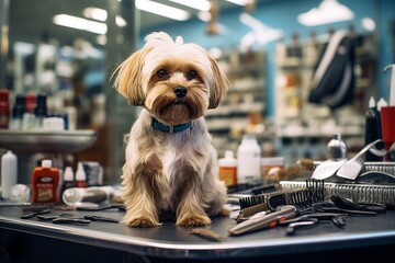 Witness a professional groomer in a pet shop delicately holding a dog's paw, undertaking the task of trimming its nails with utmost care - obrazy, fototapety, plakaty