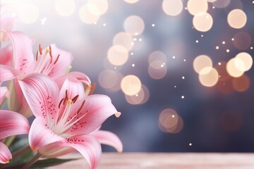 Pink lily flower on isolated magical bokeh background with copy space for text placement
