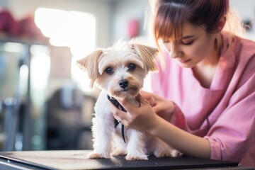 Witness a professional groomer in a pet shop delicately holding a dog's paw, undertaking the task of trimming its nails with utmost care - obrazy, fototapety, plakaty