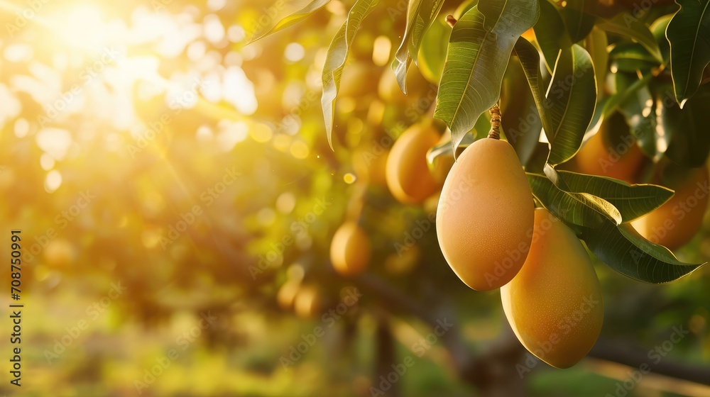 Wall mural Tropical ripe yellow mango fruit hanging on tree branch with beautiful farm and sunlight on background