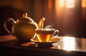 A transparent cup of hot tea and a white teapot against the background of sunlight falling from the window of the house