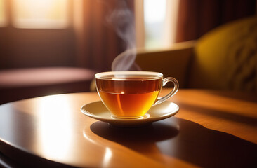 A transparent cup of hot tea against the background of sunlight falling from the window of the house