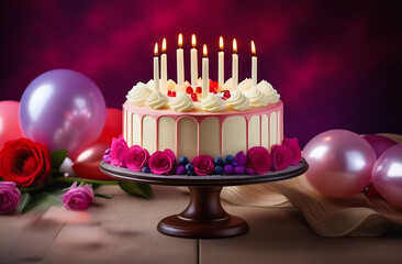 Cake with cream, berries and flowers, burning candles on the cake, balloons and birthday decorations, postcard, congratulations