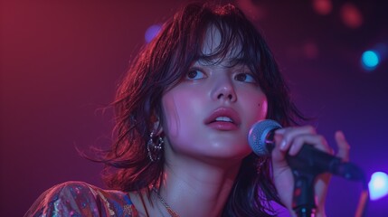 A female Japanese superstar singer on stage, holding a microphone and singing with great enthusiasm, facing perfectly straight ahead to the image. a radiant smile with attractive facial expressions