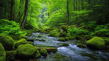 Tranquil forest and stream scenery with mosscovered rocks