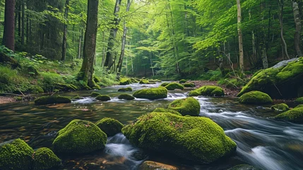 Foto op Aluminium Tranquil forest and stream scenery with mosscovered rocks © buraratn