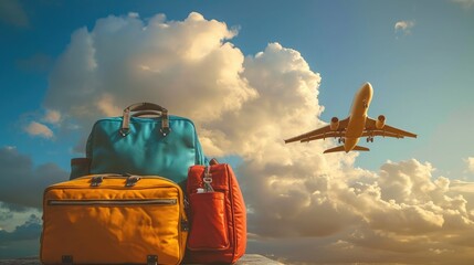 travel bags and airplane in sky - obrazy, fototapety, plakaty
