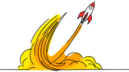 One continuous line drawing of simple retro spacecraft flying up to the outer space nebula. © artisttop