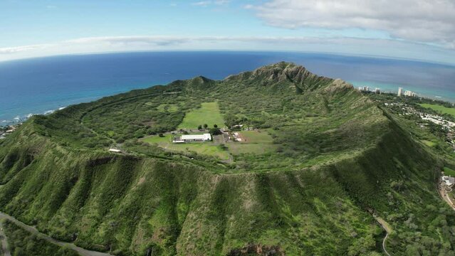 Aerial View of Diamond Head Crater and Oahu Coastline