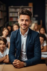 Confident male teacher in a classroom of students - obrazy, fototapety, plakaty