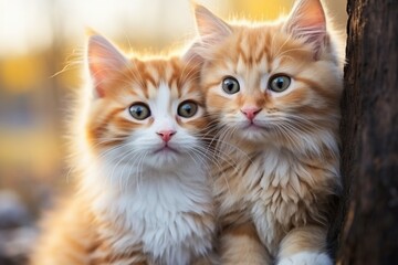 Couple of cute kittens, romance concept. Background with selective focus and copy space