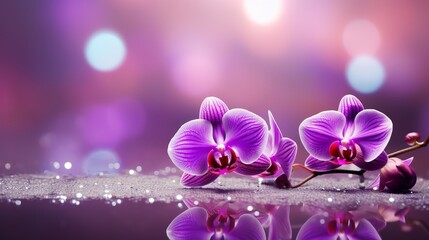 Enchanting purple orchid on right side with magical bokeh background, ample text space on left