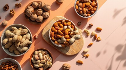 Obraz premium a table topped with bowls filled with different types of nuts and nuts kernels on top of a wooden cutting board next to a bowl of nuts on a pink surface.