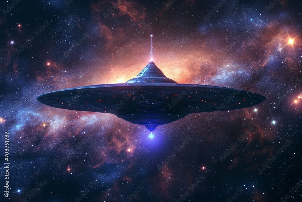 Wall mural flying saucer in space. background with selective focus and copy space