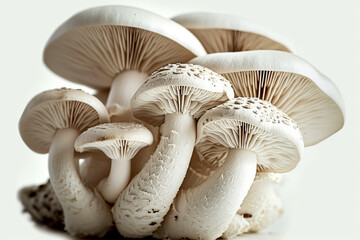 Fototapeta na wymiar Mushrooms on white, studio advertising light. Background with selective focus and copy space